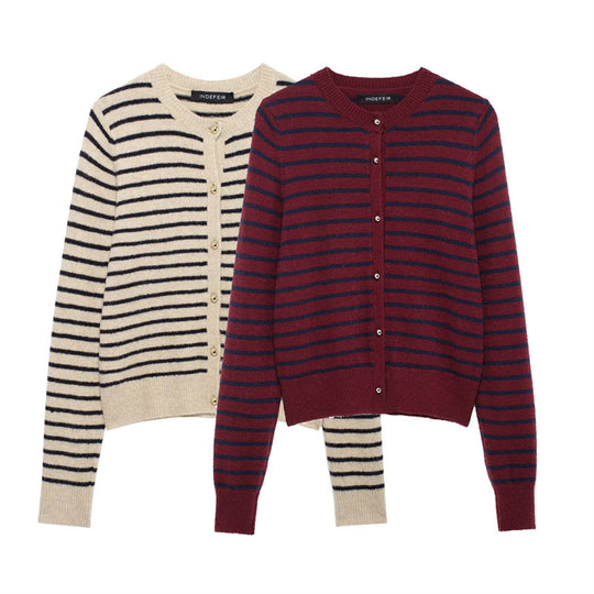 Damen gestreifte Strickjacke mit goldenen Knöpfen und modischem Schnitt EB