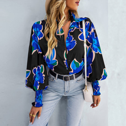Damen nan lockere Hemdbluse mit floralem Alloverprint, Seidenoptik, smockärmeln und geknöpfter Vorderleiste EB