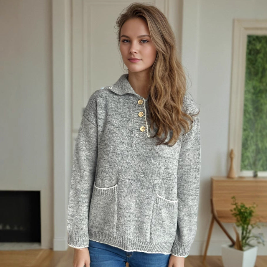 Damen Pullover mit kontrastierendem Kragen und dekorativen Knöpfen EB