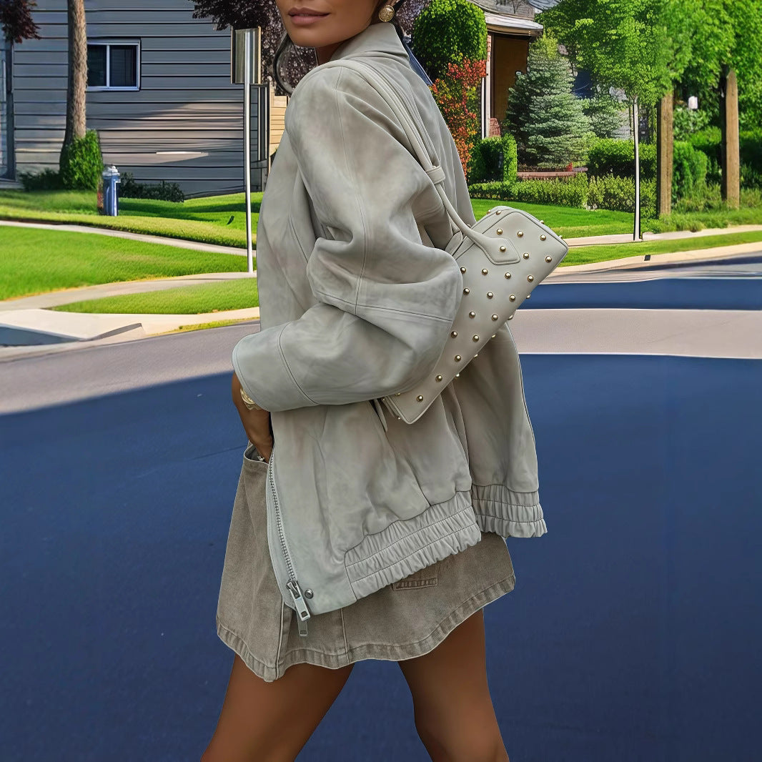 Damen lässige Kunstlederjacke im modernen Oversized-Schnitt EB