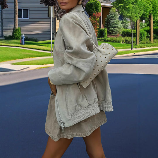 Damen lässige Kunstlederjacke im modernen Oversized-Schnitt EB