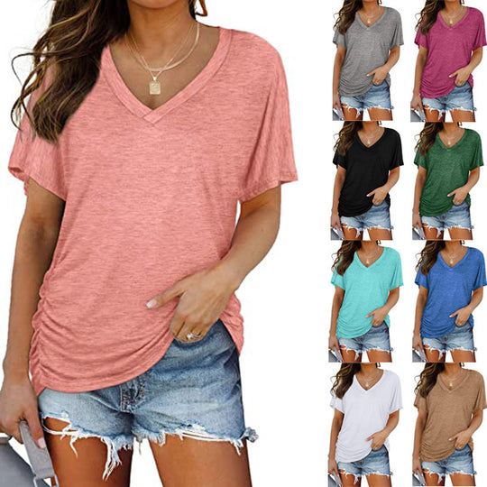 Damen V-Ausschnitt T-Shirt mit dekorativem Raffungseffekt EB