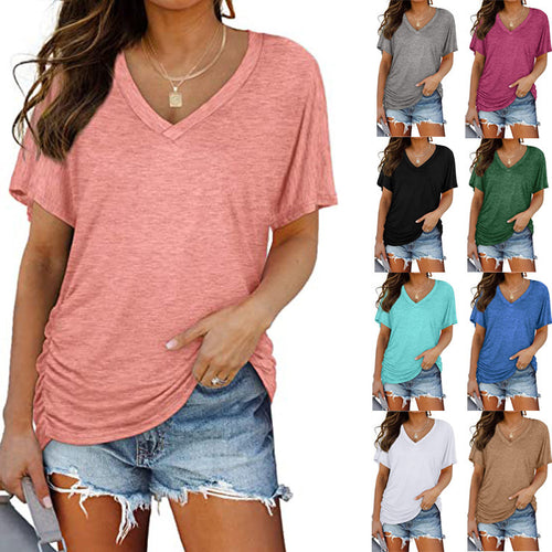 Damen V-Ausschnitt T-Shirt mit dekorativem Raffungseffekt EB