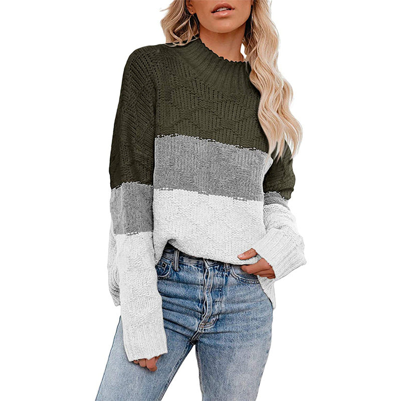 Damen farbenfroher Strickpullover mit strukturiertem Muster und hohem Kragen EB