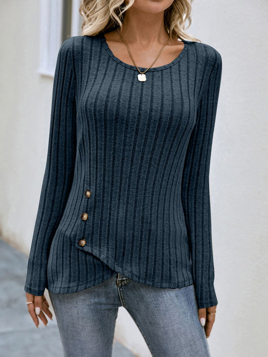 Damen lässiger asymmetrischer Pullover mit Knopfdetails EB