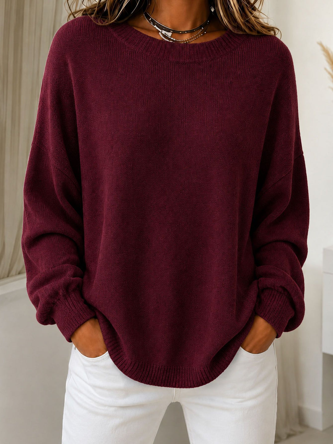 Damen Leichter Cashmere‑Touch Pullover mit Rundhalsausschnitt, überschnittener Schulter und gerippten Bündchen EB