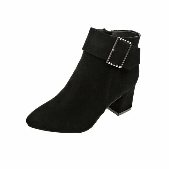 Damen nan elegante Wildlederoptik Stiefelette mit mittelhohem Blockabsatz und breitem Schnallenriemen EB