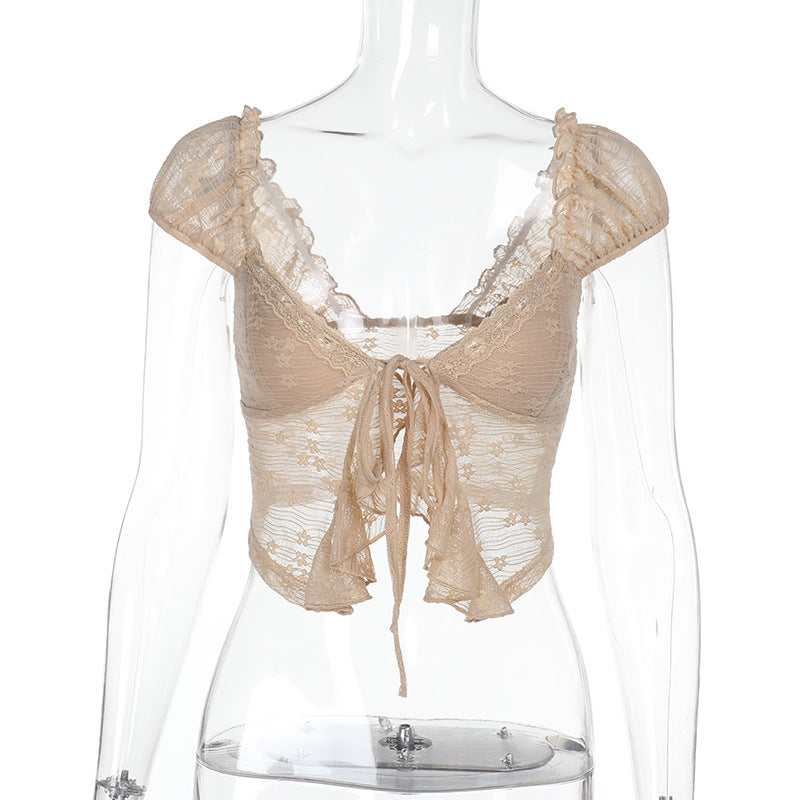 Damen Spitzen-Crop-Top mit romantischem Design und zarten Rüschendetails EB
