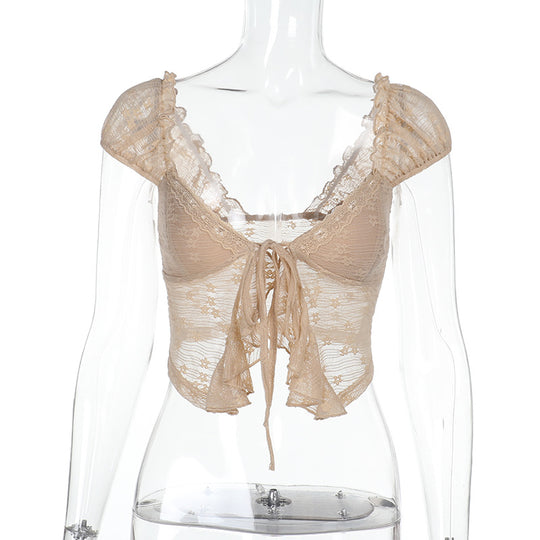 Damen Spitzen-Crop-Top mit romantischem Design und zarten Rüschendetails EB