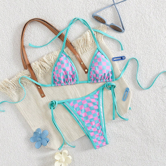 Damen Triangel-Bikini mit Karomuster und raffinierten Bindebändern EB