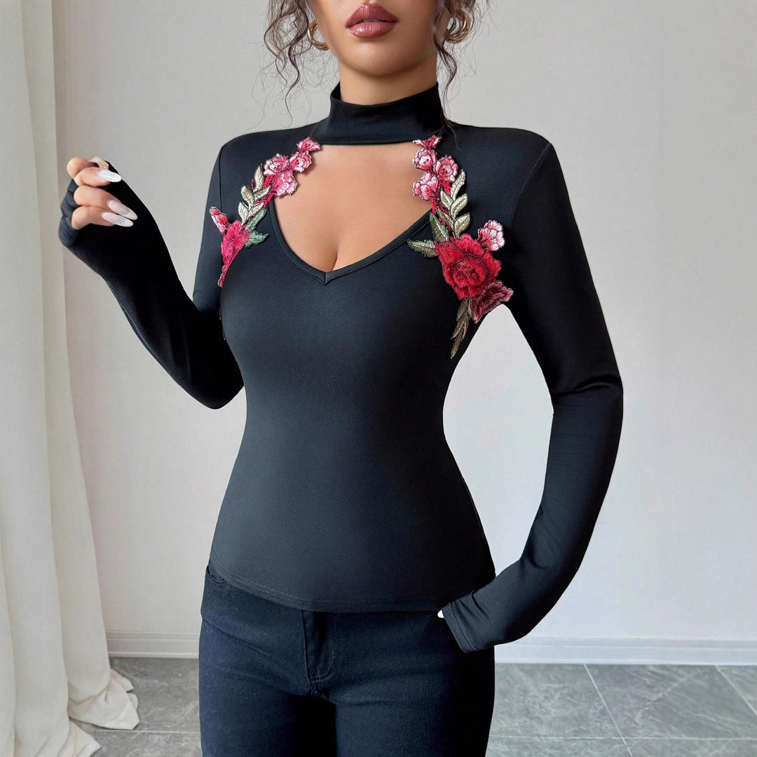 Damen nan taillierter Langarm-Body mit Stehkragen, V-Ausschnitt und floraler Stickapplikation EB