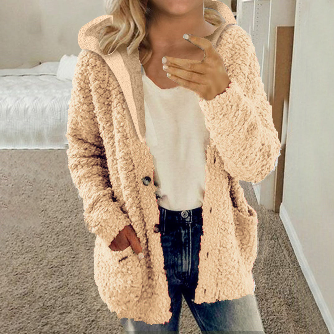 Damen kuschelige Fleecejacke mit Kapuze und praktischen Taschen EB