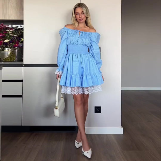 Damen Off-Shoulder Kleid mit voluminösen Rüschendetails und Spitzenbesatz EB