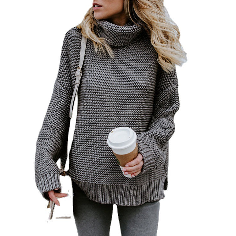 Damen Grobstrickpullover mit hohem Kragen und überschnittenen Schultern EB