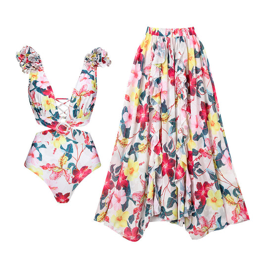 Damen eleganter Floral Badeanzug mit gewelltem Schulterdesign EB