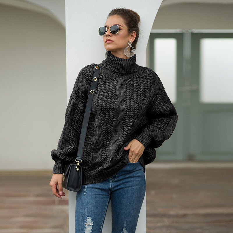 Damen Grobstrickpullover mit hohem Kragen und Zopfmuster EB