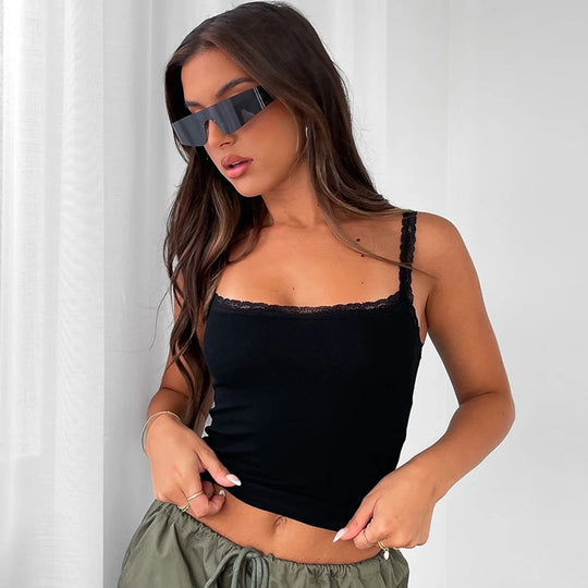 Damen Spaghettiträgershirt mit zarter Spitzenverzierung EB