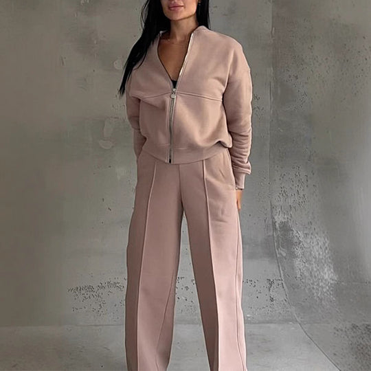 Damen nan kurz geschnittenes Blouson mit Reißverschluss und weiter High-Waist Jogginghose Set EB