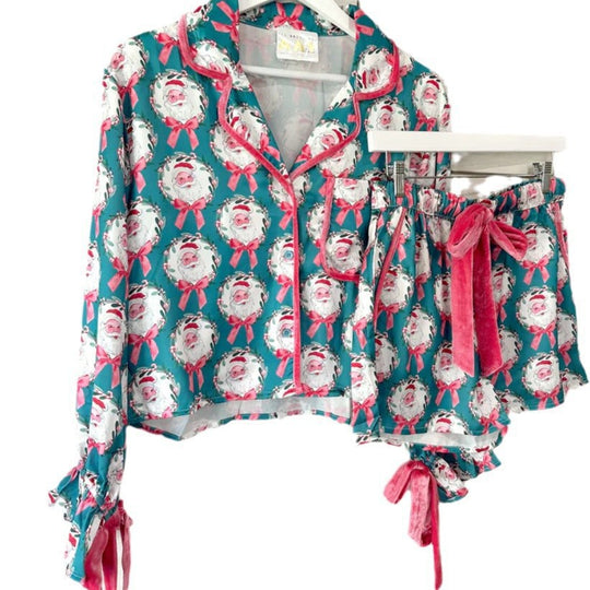 Damen nan verspieltes zweiteiliges Pyjama-Set mit Volantärmeln, Kordelzug und Brusttasche EB