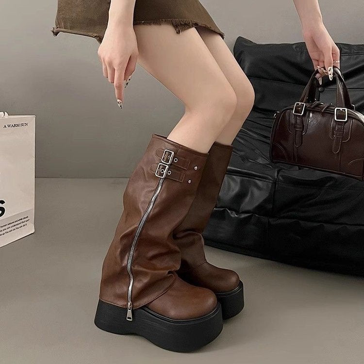 Damen Overknee Stiefel mit verstellbaren Riemen und modischem Reißverschluss EB