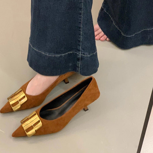 Damen elegante Slingback Pumps mit goldener Schnallenverzierung EB