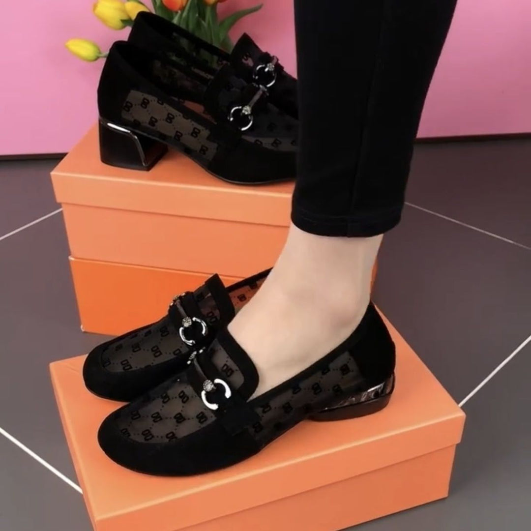 Damen elegante Halbschuhe mit transparenter Spitze und Blockabsatz EB