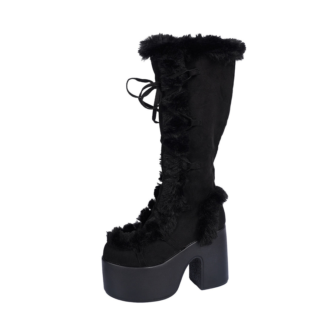 Damen Hohe Plateau Stiefel mit kuscheligem Kunstfell und modischem Schnürdesign EB
