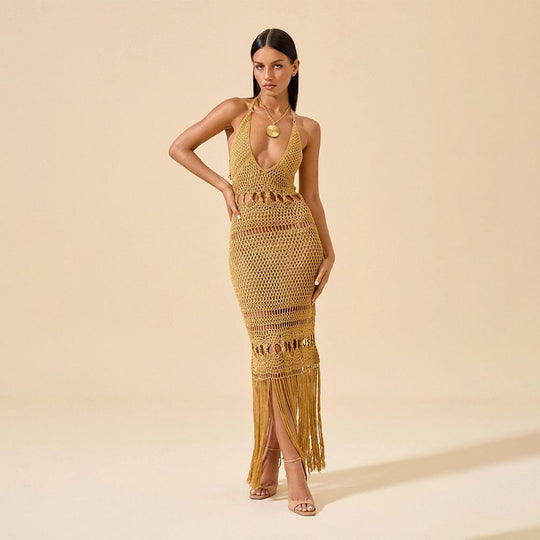 Damen Häkel-Strandkleid mit tiefem V-Ausschnitt und kreativem Cut-Out EB