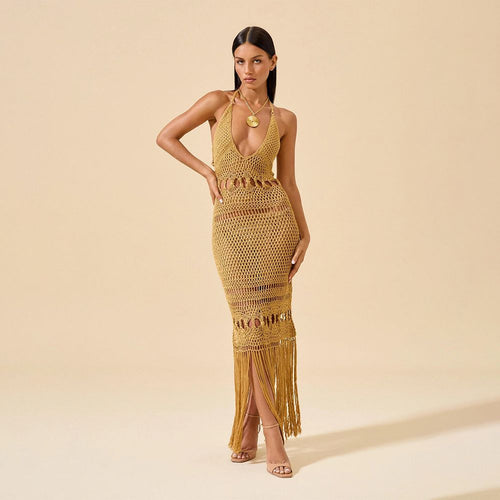 Damen Häkel-Strandkleid mit tiefem V-Ausschnitt und kreativem Cut-Out EB