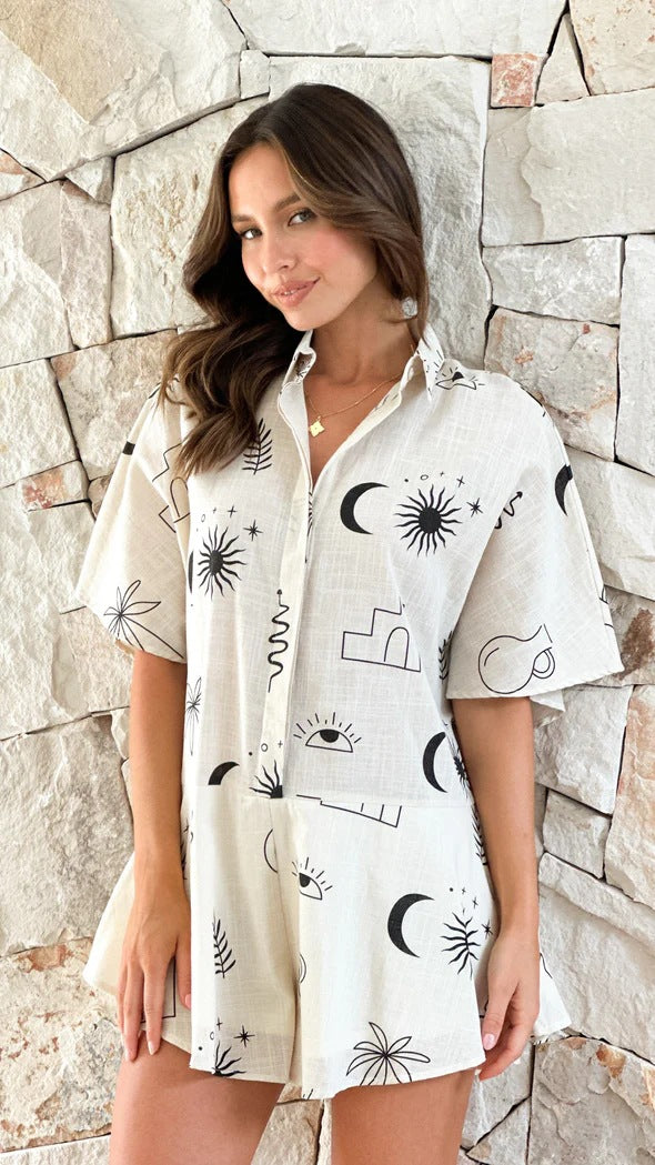 Damen lässiges Kurzarm-Set mit fruchtigem Muster und bequemer Passform EB