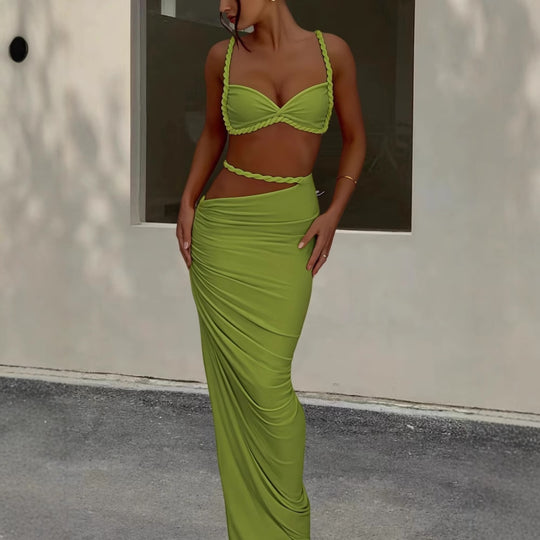 Damen Strandbekleidungs-Set mit geflochtenem Oberteil und elegantem Wickelrock EB