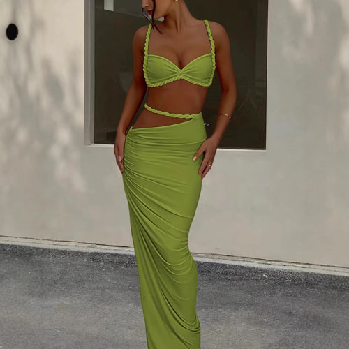 Damen Strandbekleidungs-Set mit geflochtenem Oberteil und elegantem Wickelrock EB