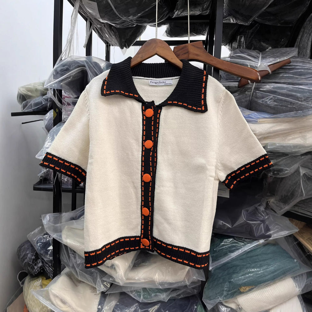 Damen Kurzarmpullover mit kontrastierenden Details EB