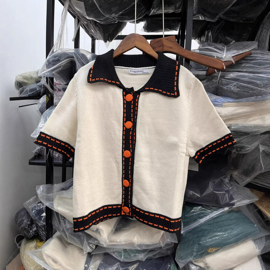 Damen Kurzarmpullover mit kontrastierenden Details EB