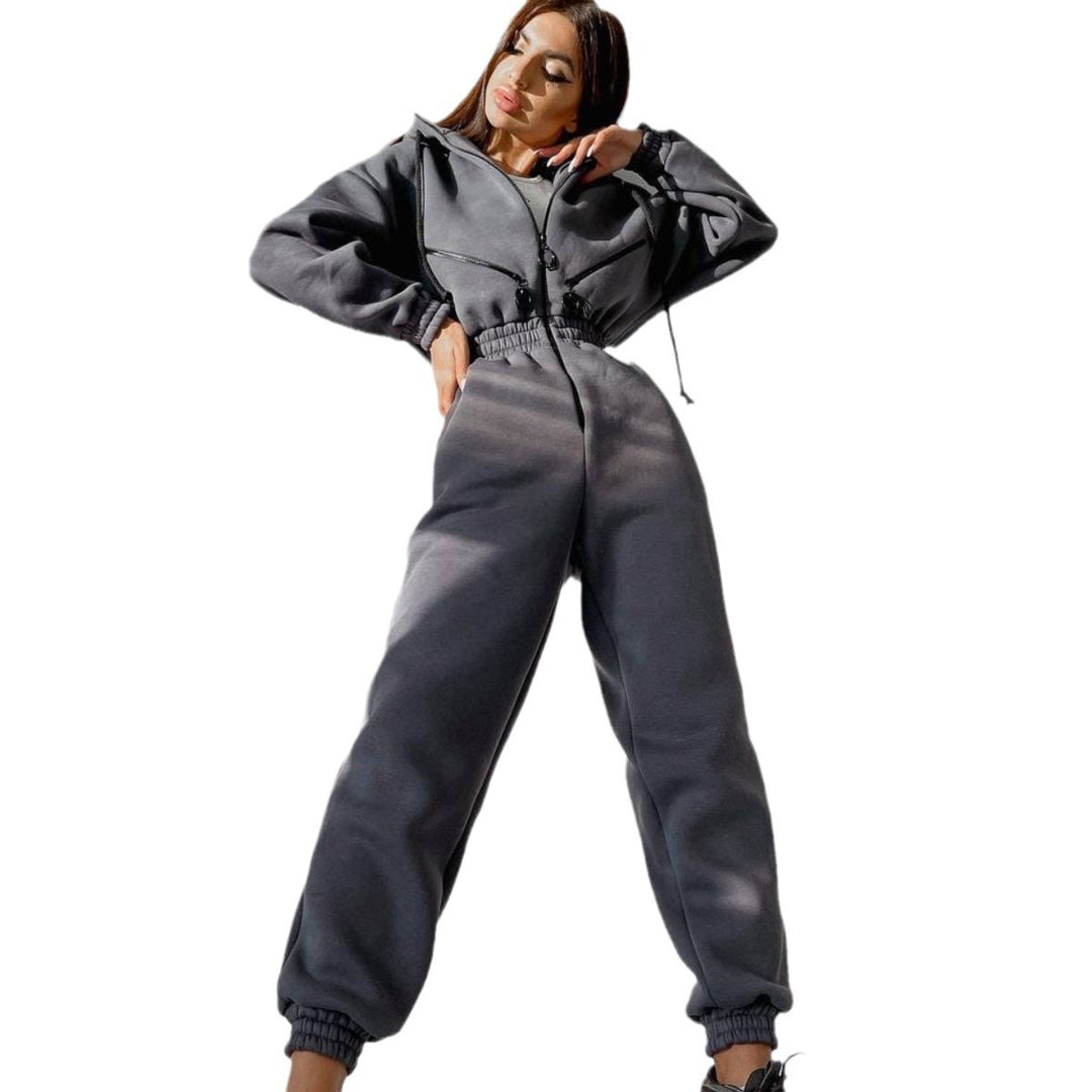 Damen taillierter Kapuzen-Jumpsuit mit elastischem Bund und markanten Kontrast-Reißverschlüssen EB