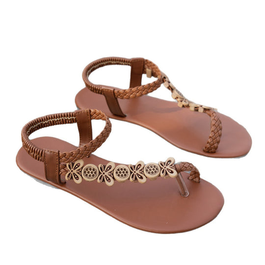 Damen Zehenstegsandalen mit geflochtenem Riemendesign und floralem Schmuck EB