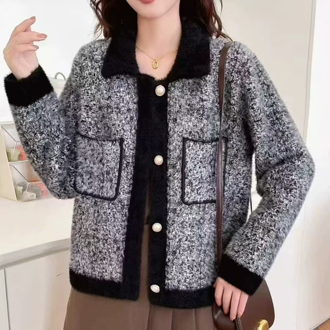 Damen Flauschige Strickjacke mit kontrastierenden Taschen und Kragen EB
