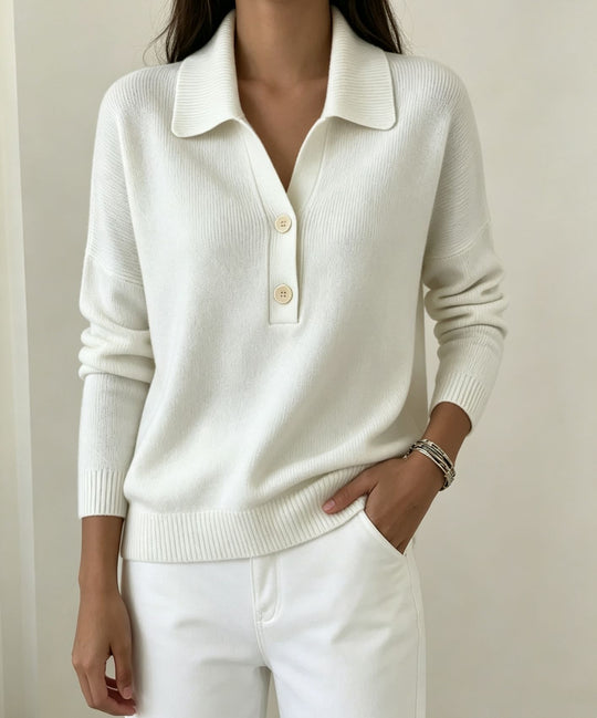 Damen Polokragen-Pullover mit halber Knopfleiste und geripptem Saum EB