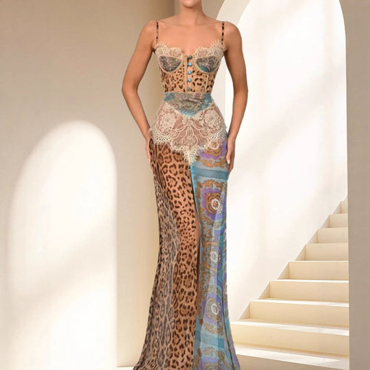 Damen Luxuriöses Spitzenkleid mit tierischem Print und raffinierten Applikationen EB