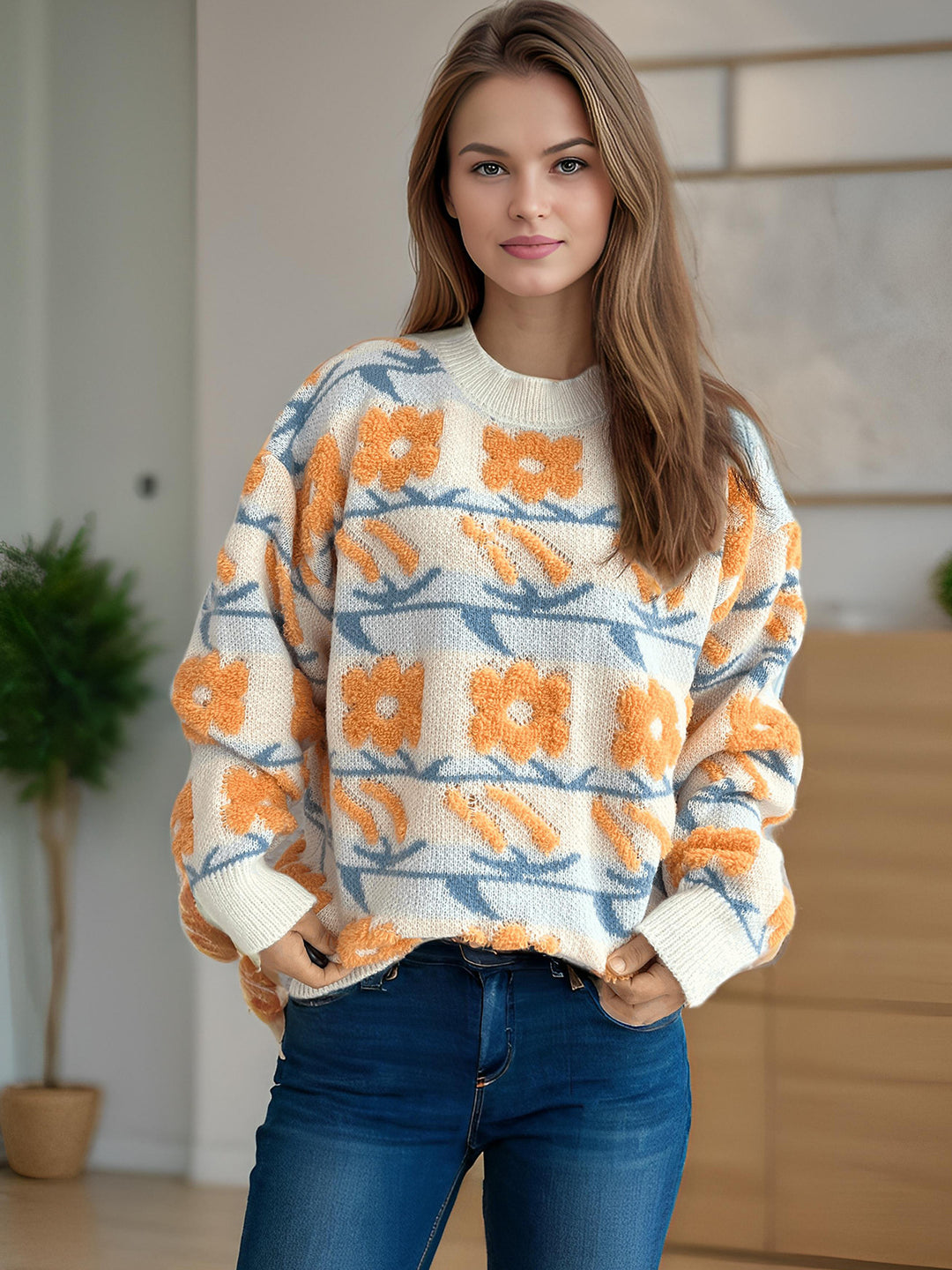 Damen Strickpullover mit floralem Muster und lässigem Schnitt EB