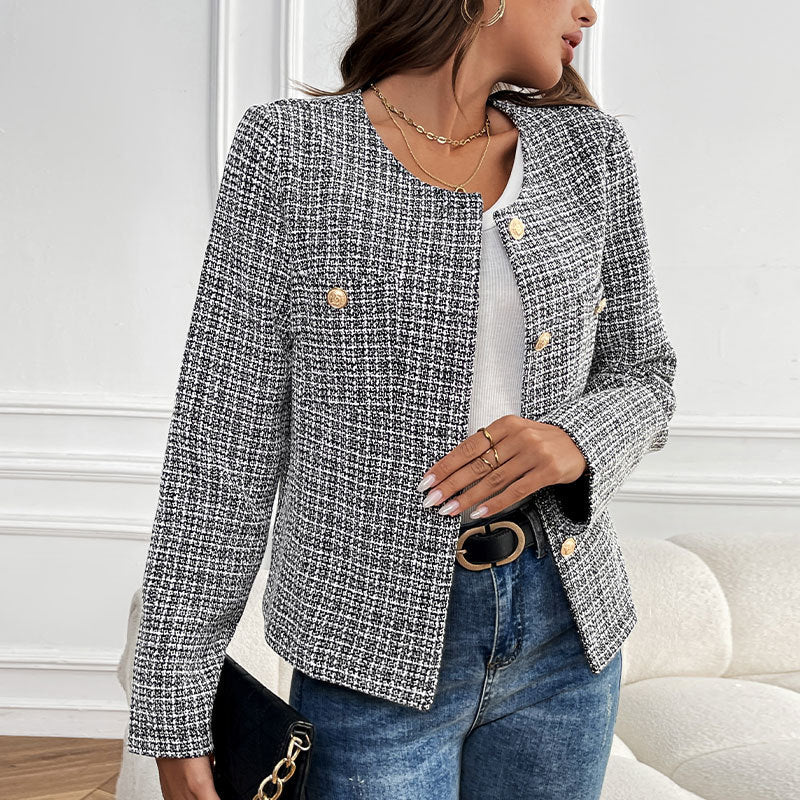 Damen Elegante Tweedjacke mit doppelter Knopfleiste und strukturiertem Gewebe EB