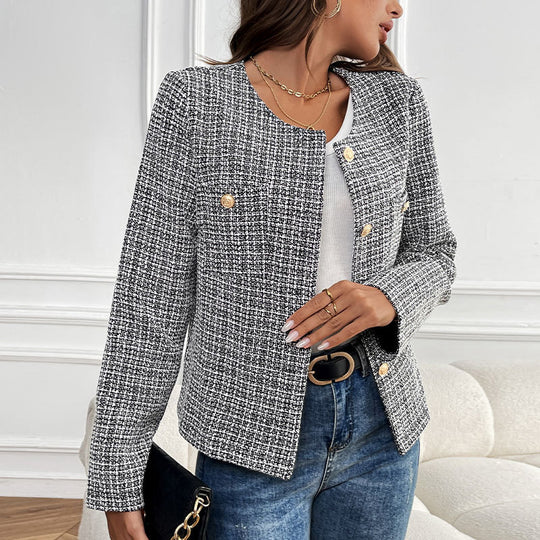 Damen Elegante Tweedjacke mit doppelter Knopfleiste und strukturiertem Gewebe EB