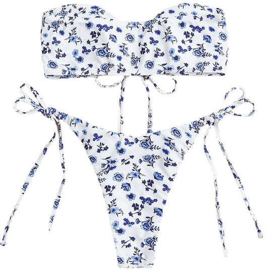 Damen Bandeau-Bikini mit romantischem Floral-Design und verstellbaren Schnürdetails EB