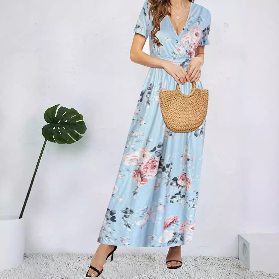 Damen Maxikleid mit tiefem V-Ausschnitt und floralem Design EB