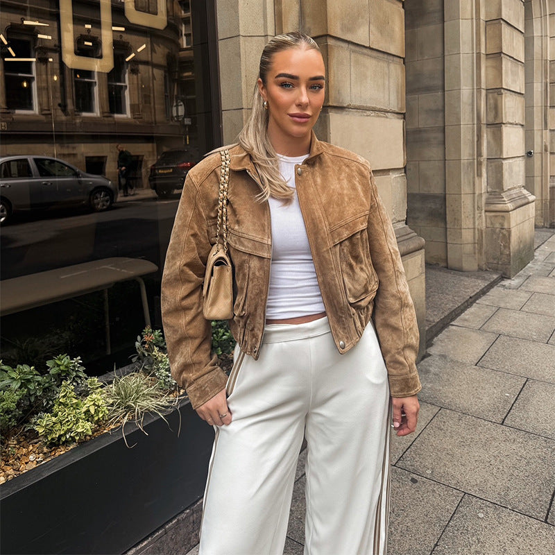 Damen Suede-Jacke im modernen Cropped-Style mit Taschen EB