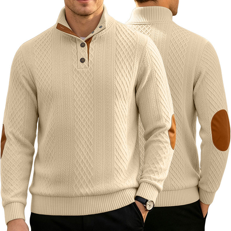 Herren Kabelstrick Troyer Pullover mit Stehkragen und Lederoptik-Ellbogen-Patches EB