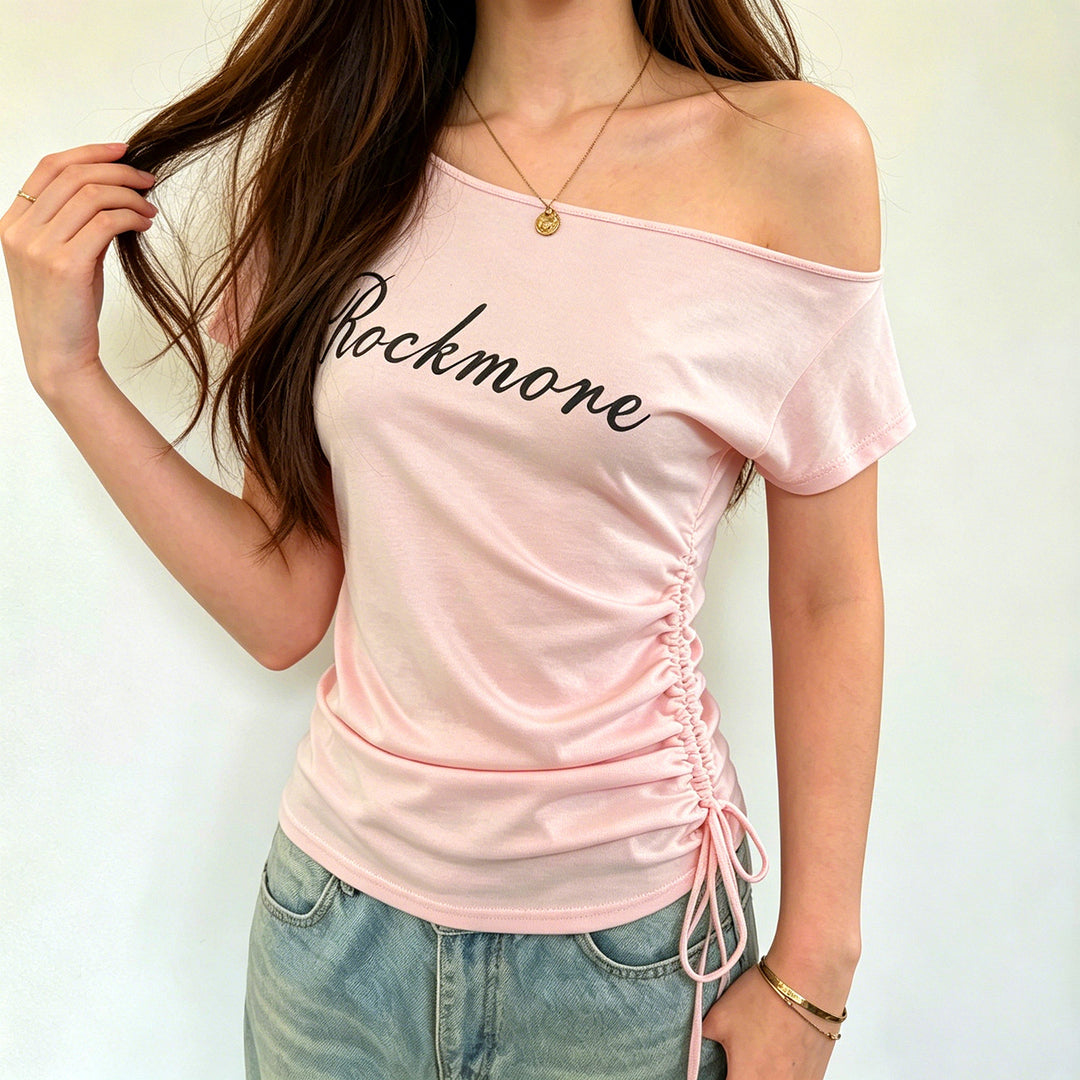 Damen Off-Shoulder T-Shirt mit Raffungen und modischem Schriftzug EB
