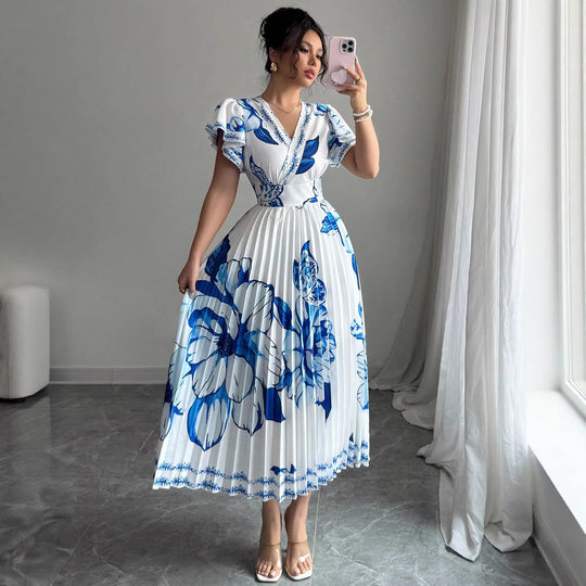 Damen Plissiertes Maxi-Jersey-Kleid mit floralen Akzenten und V-Ausschnitt EB