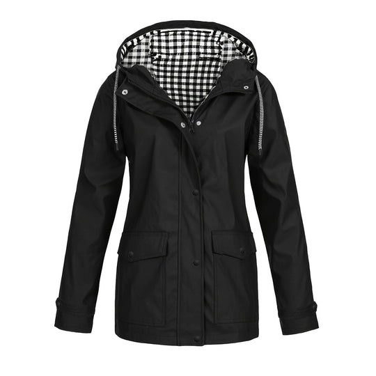 Damen modische Regenjacke mit kontrastierendem Innenfutter und praktischen Taschen EB