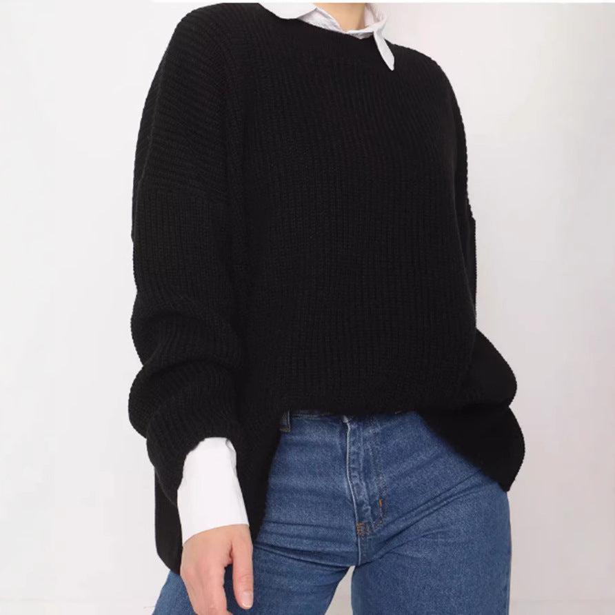 Damen Lässiger Grobstrickpullover mit weiten Ärmeln und modernem Schnitt EB